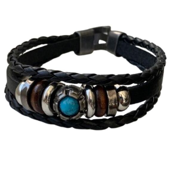 Men’s Black Ibiza Vegan Leather Multi-Strand Cuff Bracelet with Faux Turquoise - Picture 1 of 11